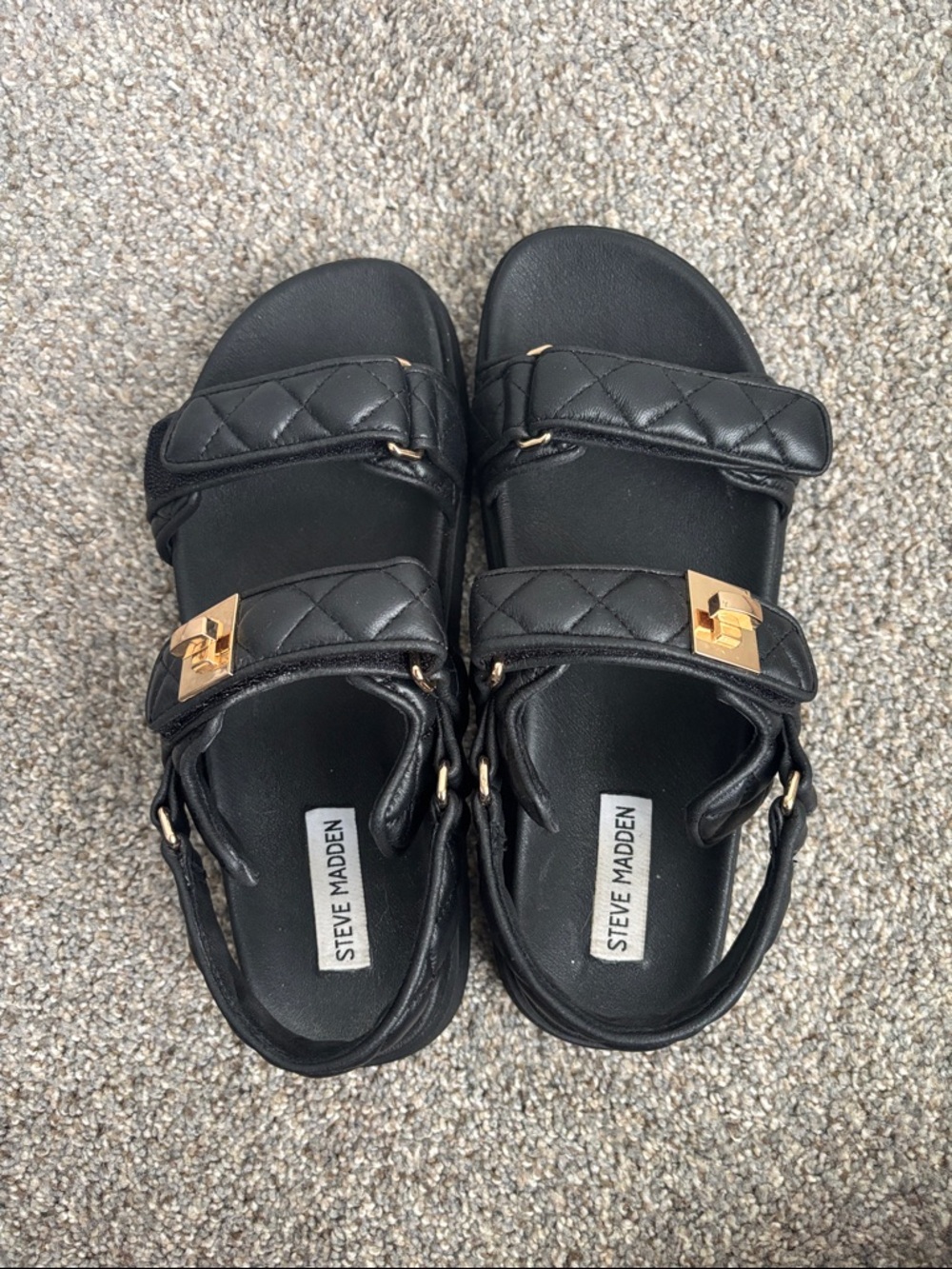 Steve Madden Black Quilted Slide Sandals with Gold Hardware